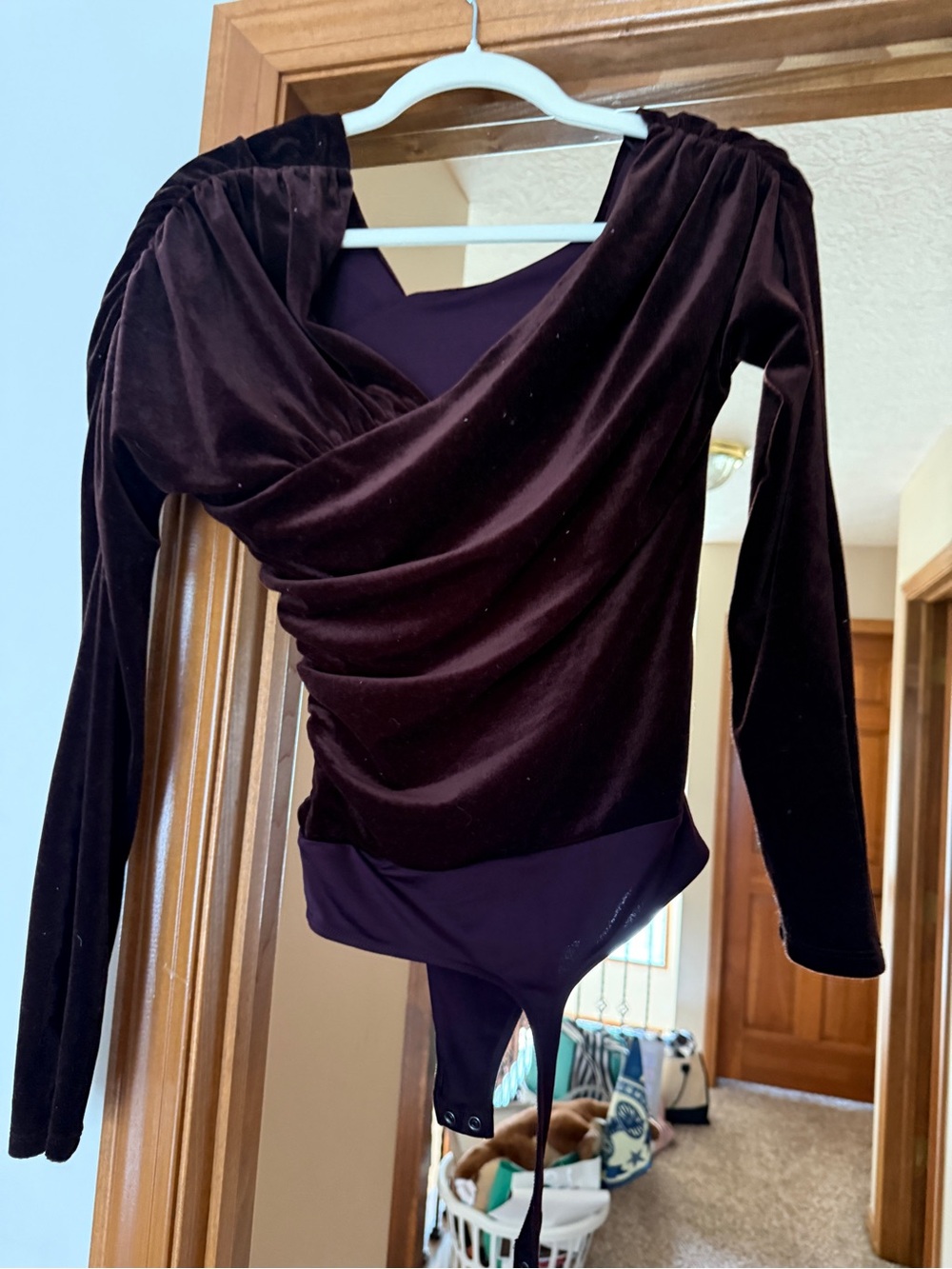 Velvet Draped Long-Sleeve Bodysuit - Deep brown -Express